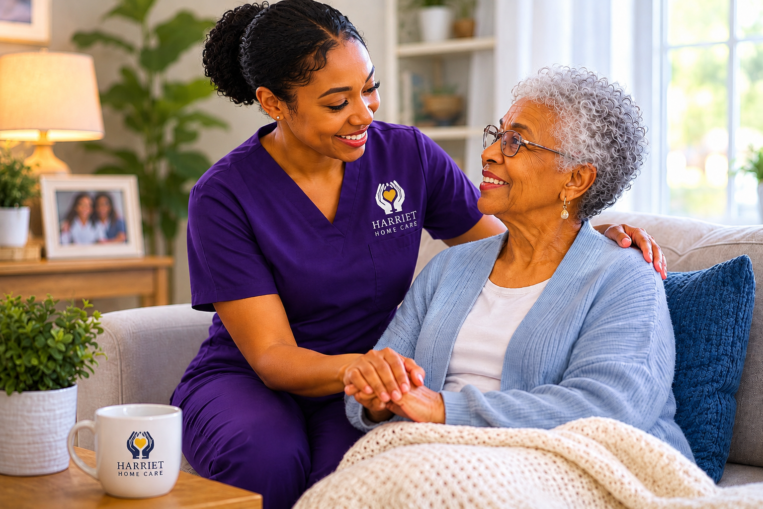 Harriet Home Care caregiver comforting a senior client