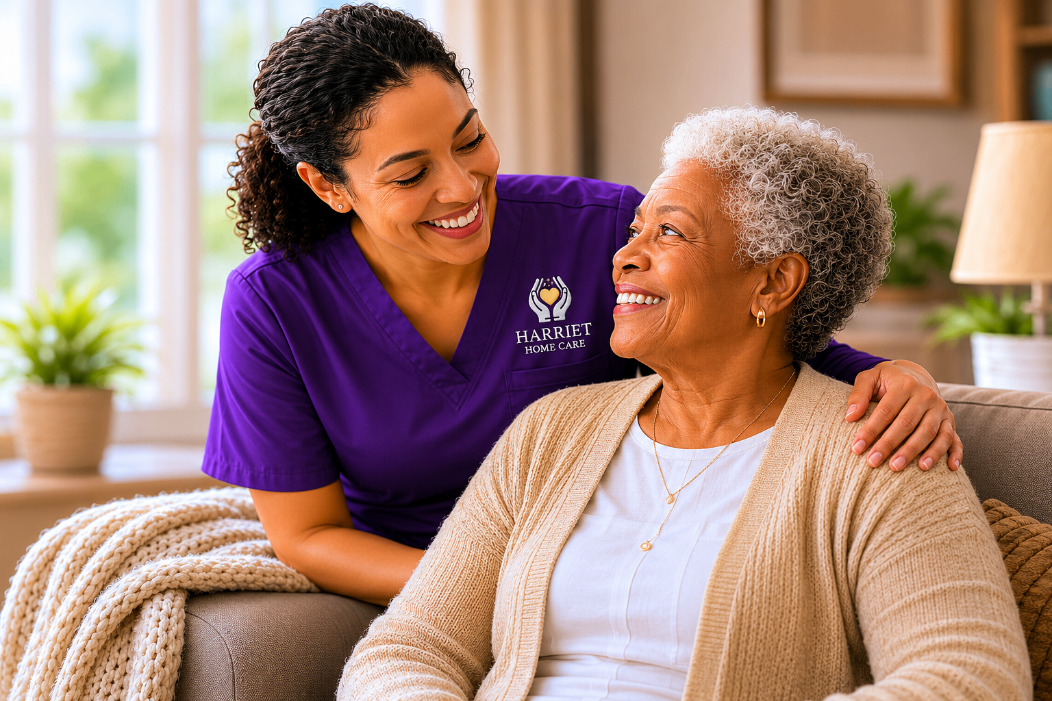 Harriet Home Care caregiver sharing a warm moment with senior client
